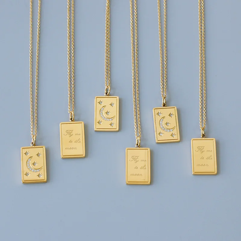 

2021 Romantic Jewelry Gift Square Plate AAA Cz Filled Double Side Engraving Stars Surrounding the Moon Necklaces for Women