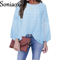 2021 new autumn women solid color blouse tops lantern long sleeve round neck loose jacquard polka dot chic casual ladies shirts