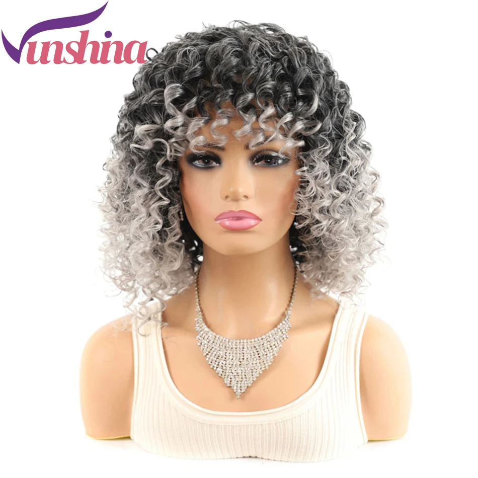 

Vunshina Gray Ombre Curly Synthetic Wig With Bangs For Black Women Dark Roots Grey Short Deep Wave Natural Fringe Cosplay Wigs