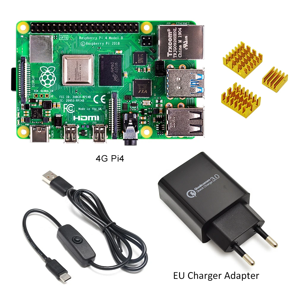 Raspberry Pi 4 Модель B Комплект Базовый стартовый комплект с переключателем питания линия тип-c интерфейс ЕС/США зарядное устройство адаптер и радиатор