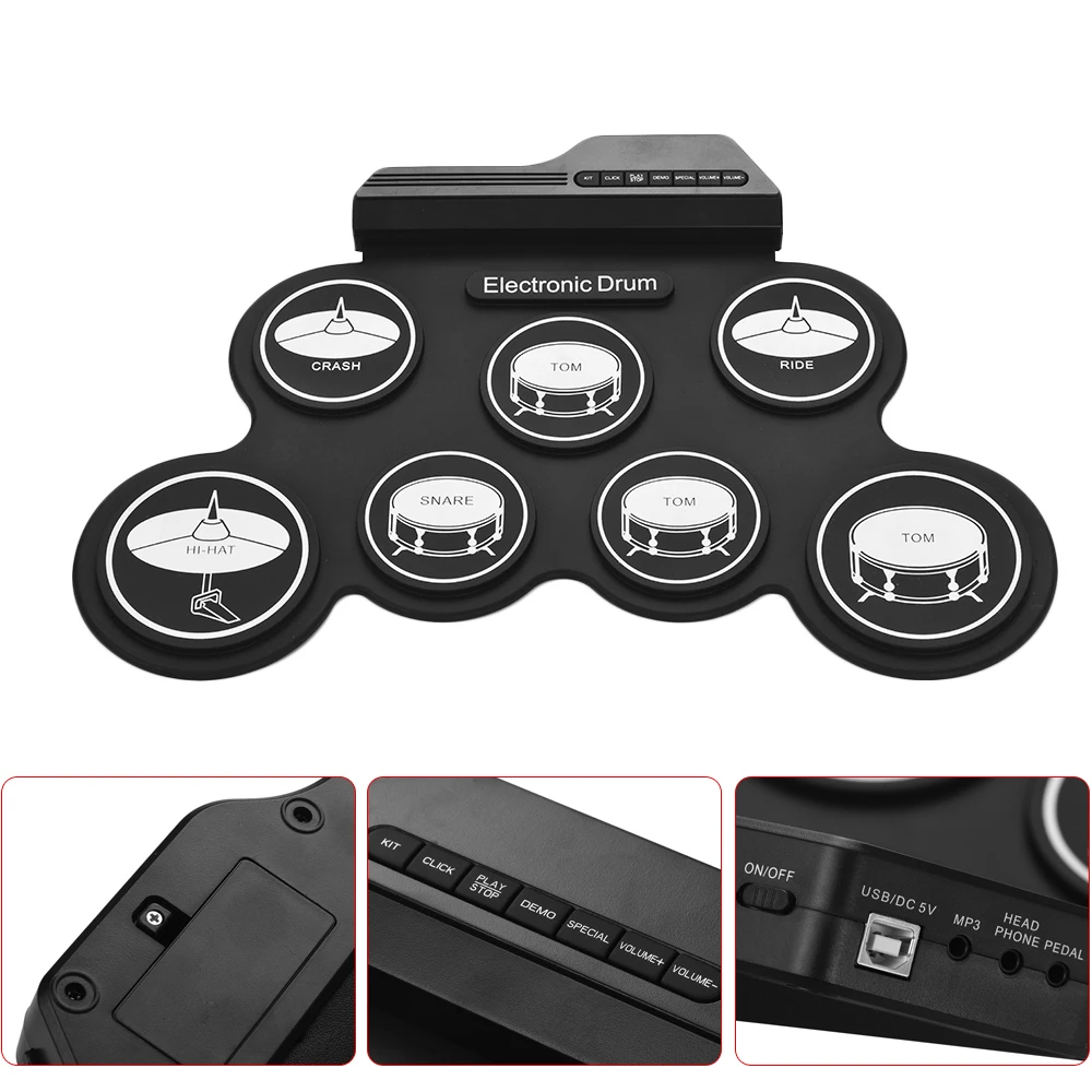 9 Silicon Drum Pads Folding Portable Size Electronic Kit Set USB/Battery Powered with Drumsticks Foot Pedal percussion |