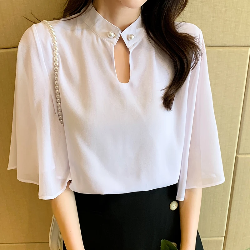 

Chiffon Women's Blouse Solid O-neck Girl's Shirt New Korean Fashion Sleeveless Top Summer Casual Lady Blusas Button Houthion