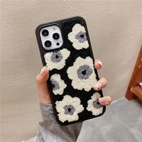 japan korean winter plush embroidery flowers checkerboard soft case for iphone x xr xs 11 13 12 pro max lovely protection cover