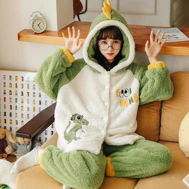 

2021 Winter Women Pajamas Set Cartoon Dinosaur Flannel PyjamasTwo-piece Sleepwear Thicken Loose Pijama Cute Dog Hoodies XXL