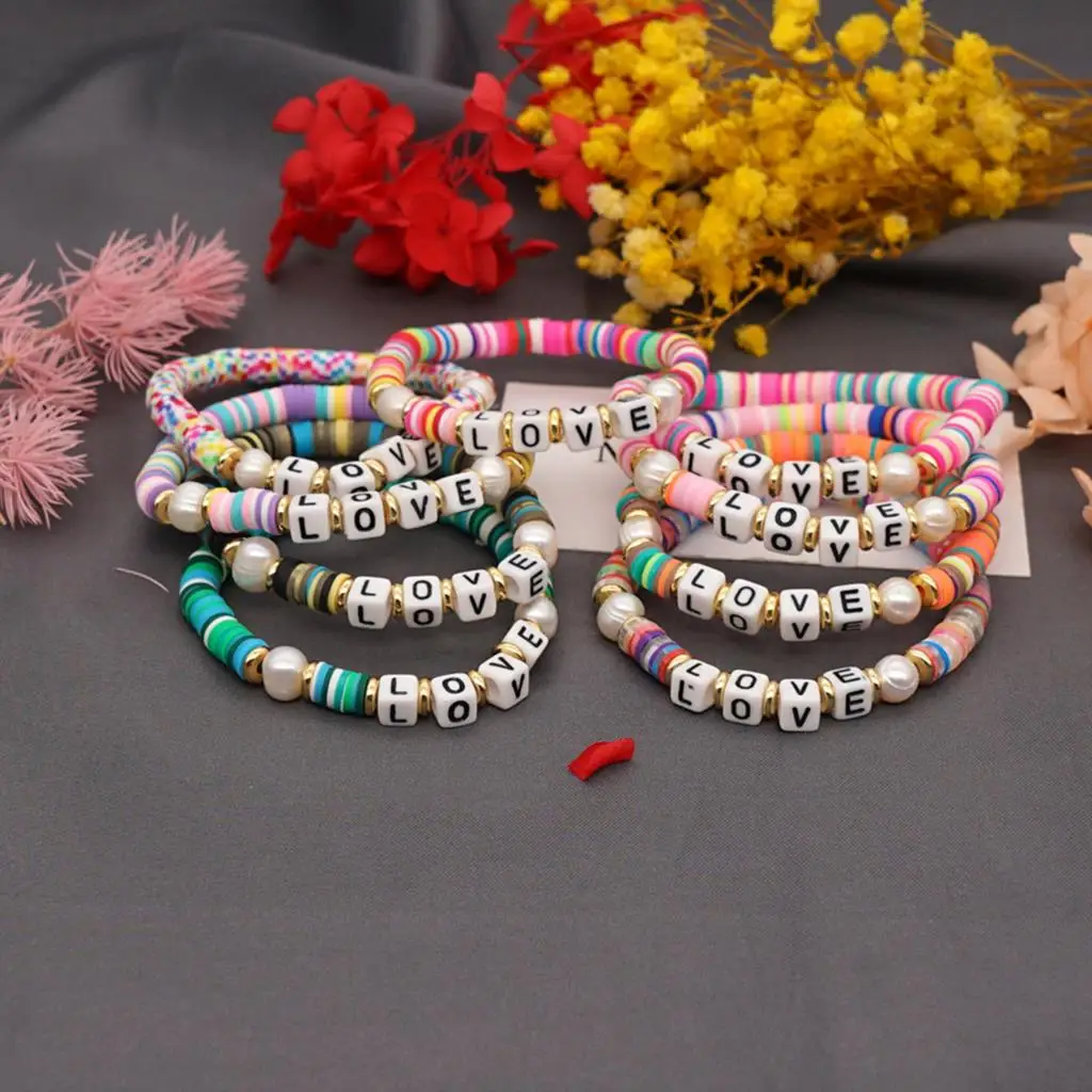 

Boho Letter Polymer Clay Bracelet With Message " LOVE " Beads Charm Bracelet For Women DIY Beads Charm Bracelet Femme Jewelry