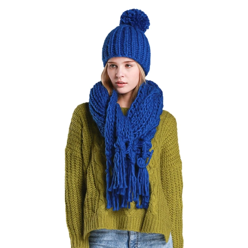 

Women Winter 2Pcs Pompom Beanie Hat Tassels Long Scarf Set Solid Color Handmade Braided Cable Knit Skull Cap Neck Warmer