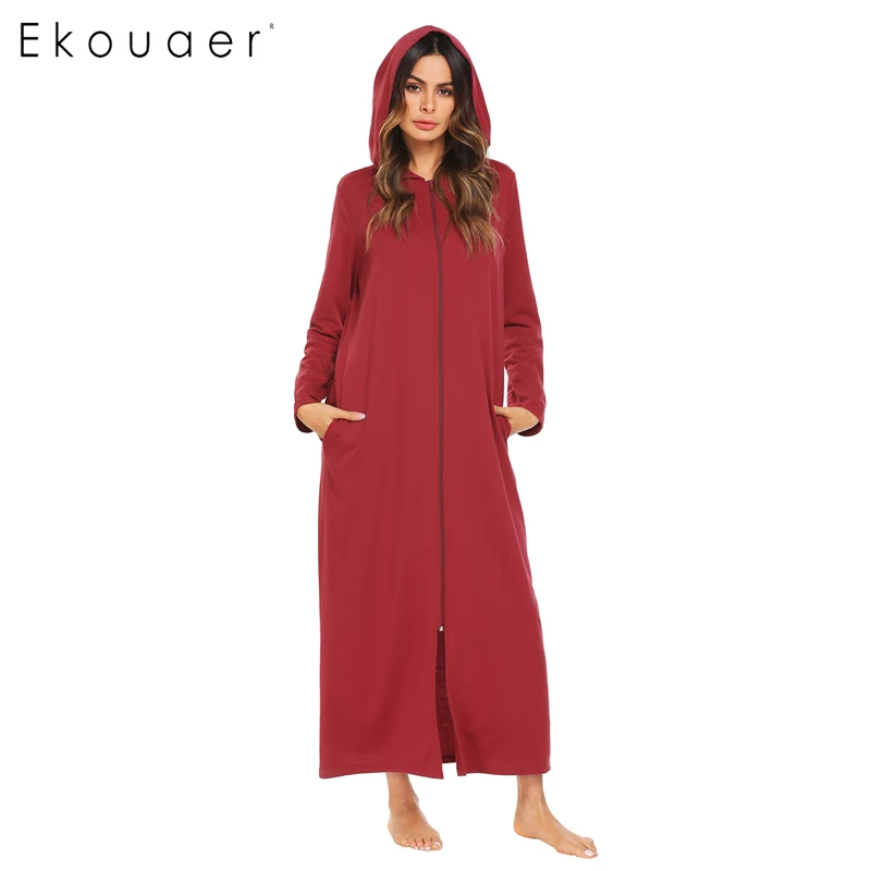 Wine Red Ekouaer, женская одежда для сна, длинный халат, длинный рукав, халат, на молнии, с капюшоном, халат, спа, для ванной, кимоно, халаты, домашняя одежда - Цвет: Wine Red
