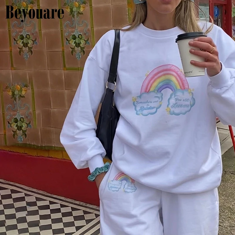 

Beyouare Casual Sweet Women Sweatshirts Harajuku Rainbow Print Oversize Pullovers O Neck Long Sleeve Loose Sport Top 2021 Autumn