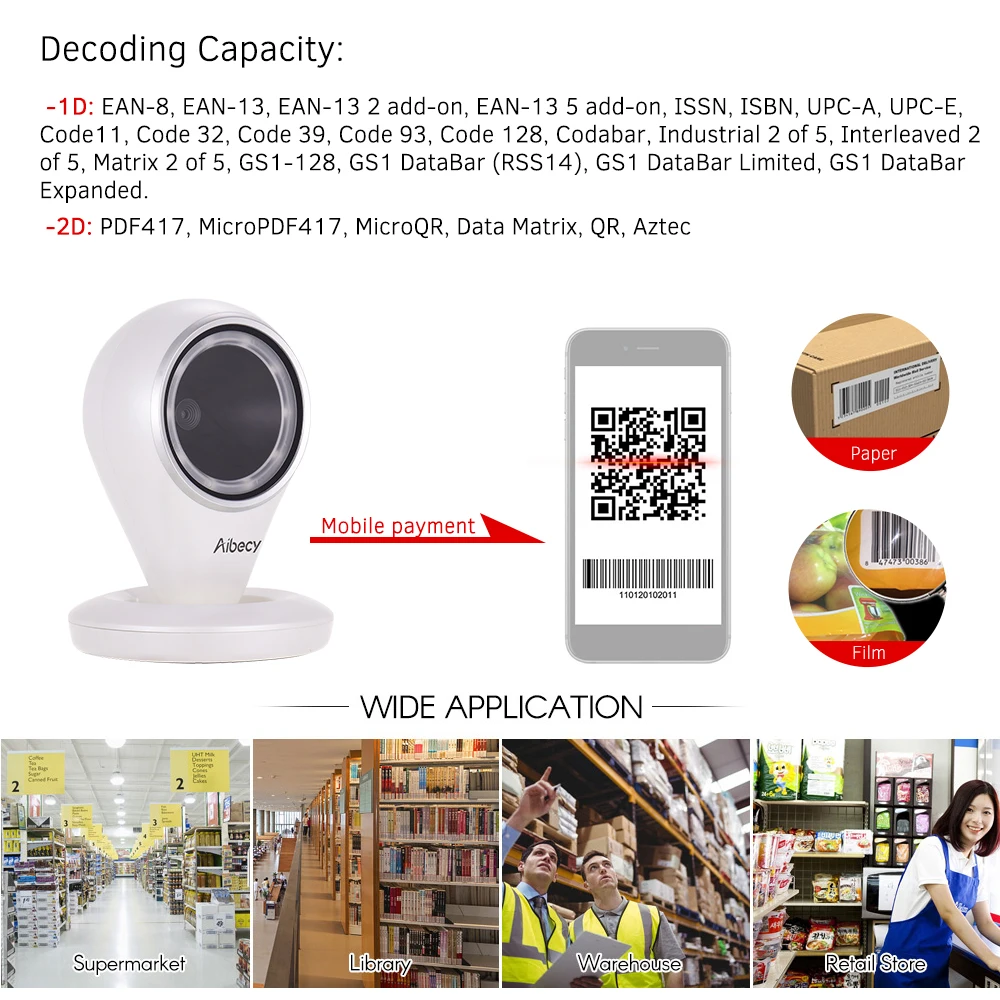 Aibecy USB Wired Hands-free 1D 2D QR Bar coder Scanner Desktop Omnidirectional BarCode Reader Platform Adjustable Scanning | Компьютеры и