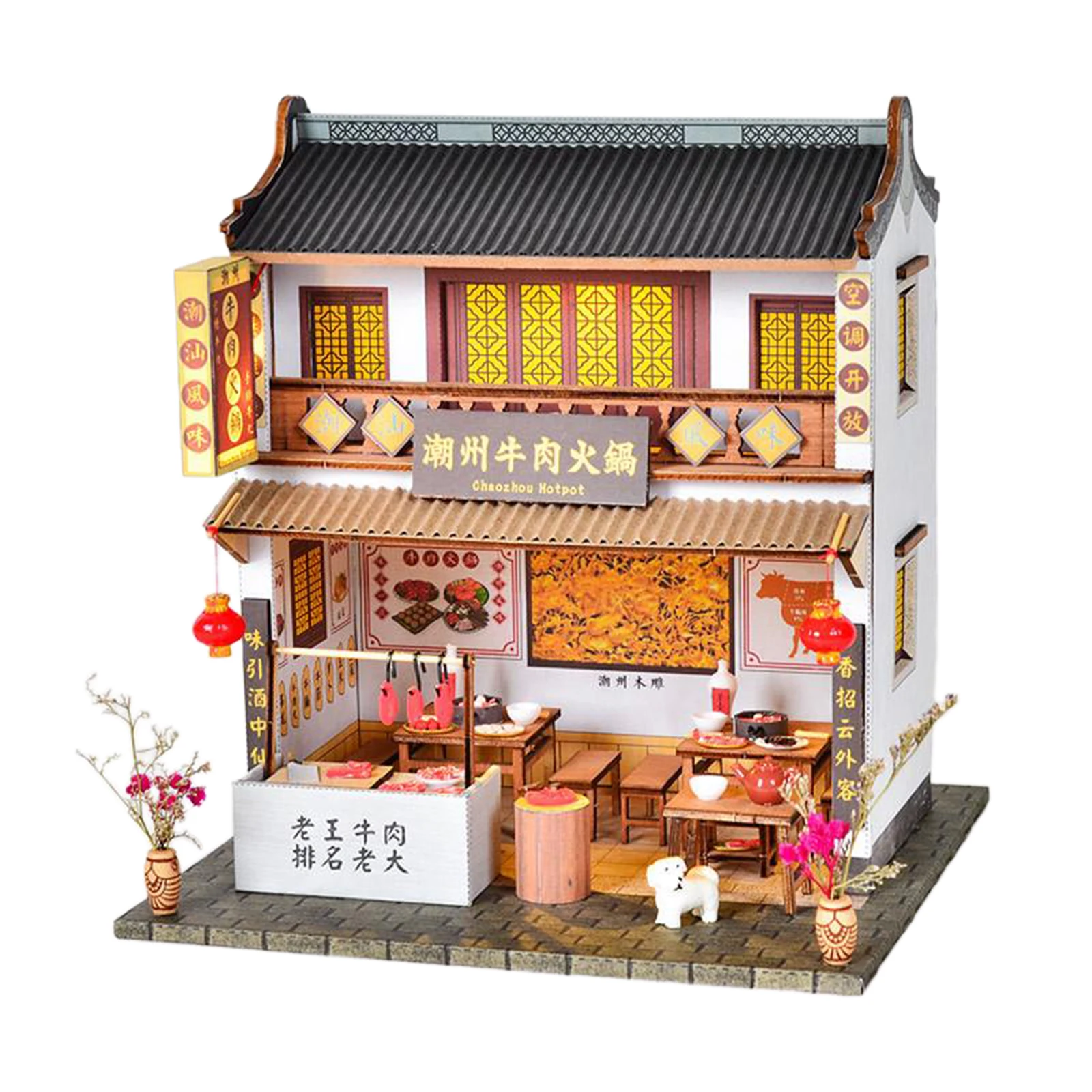 

3D Wooden Miniature Dollhouse Kit DIY House Kit with Furniture, 1:24 Scale DIY Hot Pot Restaurant Kit with LED Light