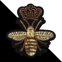 new beaded sequin fashion gold crown bee badge design patches sew on appliques fabric repair patches garment decorated