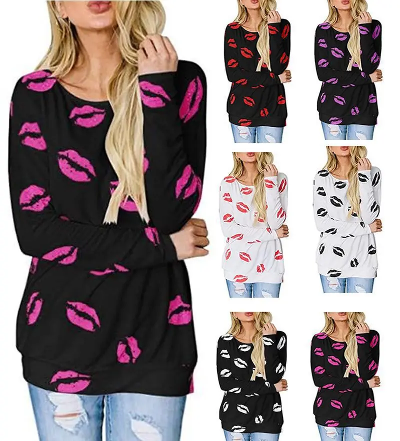 2021 New Womens T shirt Mouth Print Long Sleeve Crew Neck Regular Autumn Tops Plus Size