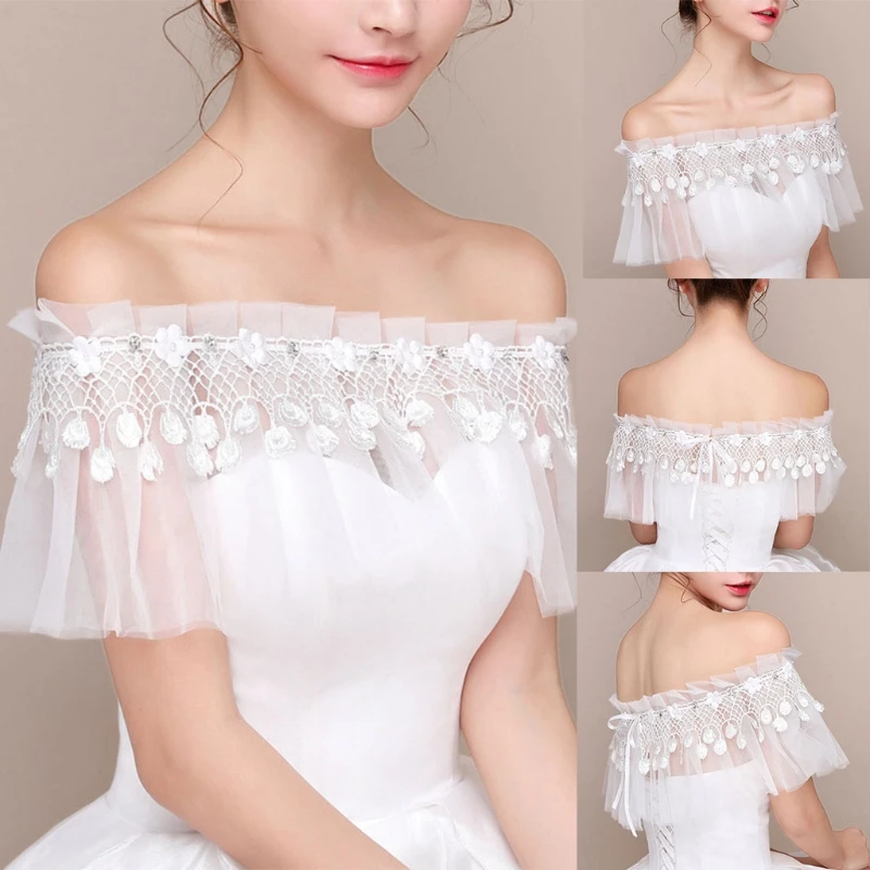 

Wedding Bride Mesh Tulle Off Shoulder Shawl Wrap Floral Lace Tassel Rhinestone Shrug Bolero Cape Eveing Party Cover Up W0YA