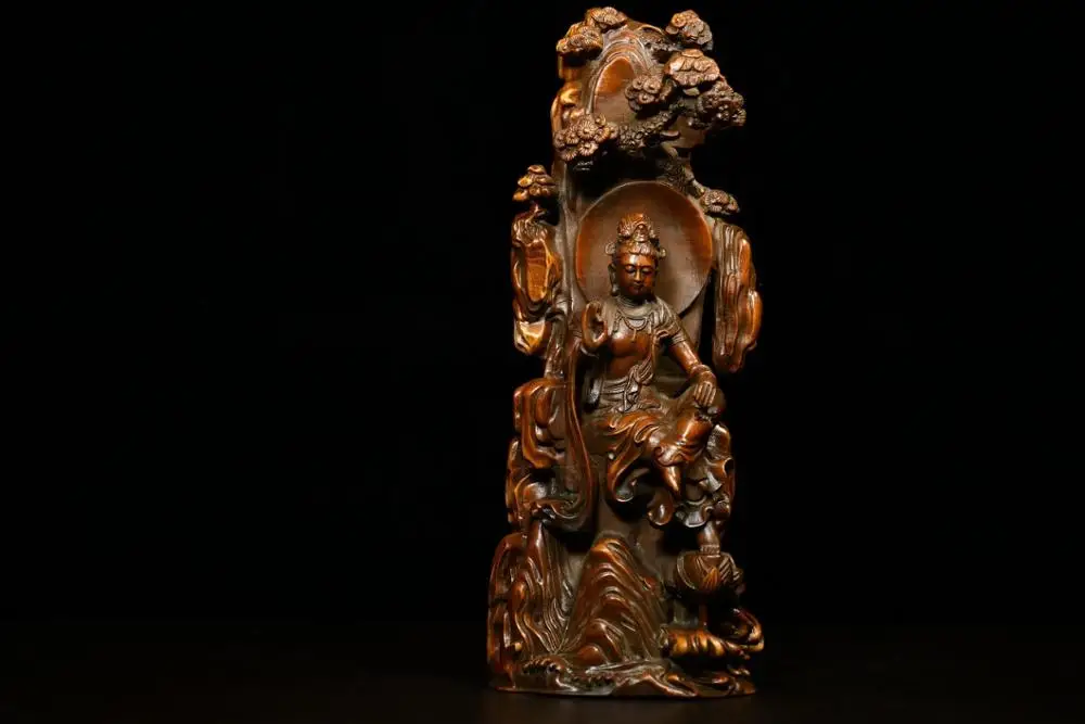 

9" China Lucky Seikos Boxwood Songxiang Guanyin Buddha Statue Avalokitesvara Buddha statue wood carving Medicine Buddha Statue