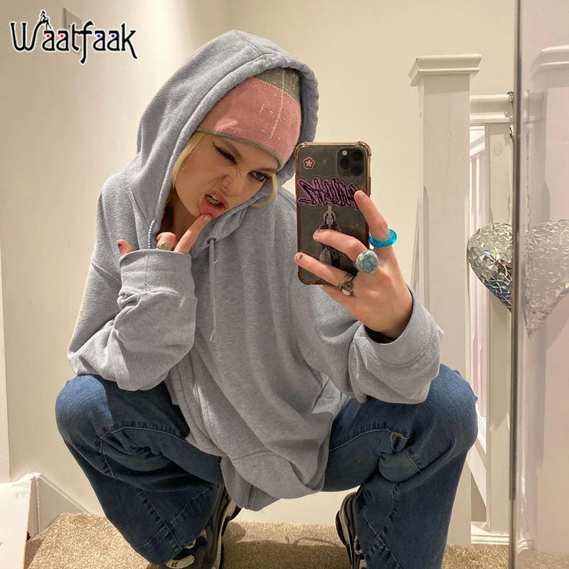 

Waatfaak Solid Grey Oversized Vintage Hoodie Autumn Harajuku Zip Up Hoodie Women 90S Casual Winter Sweatshirt Long Sleeve Top