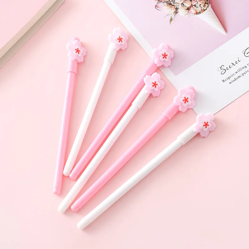 

60PCS Korean Stationery Pink Petal Gel Pens Cartoon Student Writing Implement Black Signature Pen 0.5mm Kawaii School Supplies