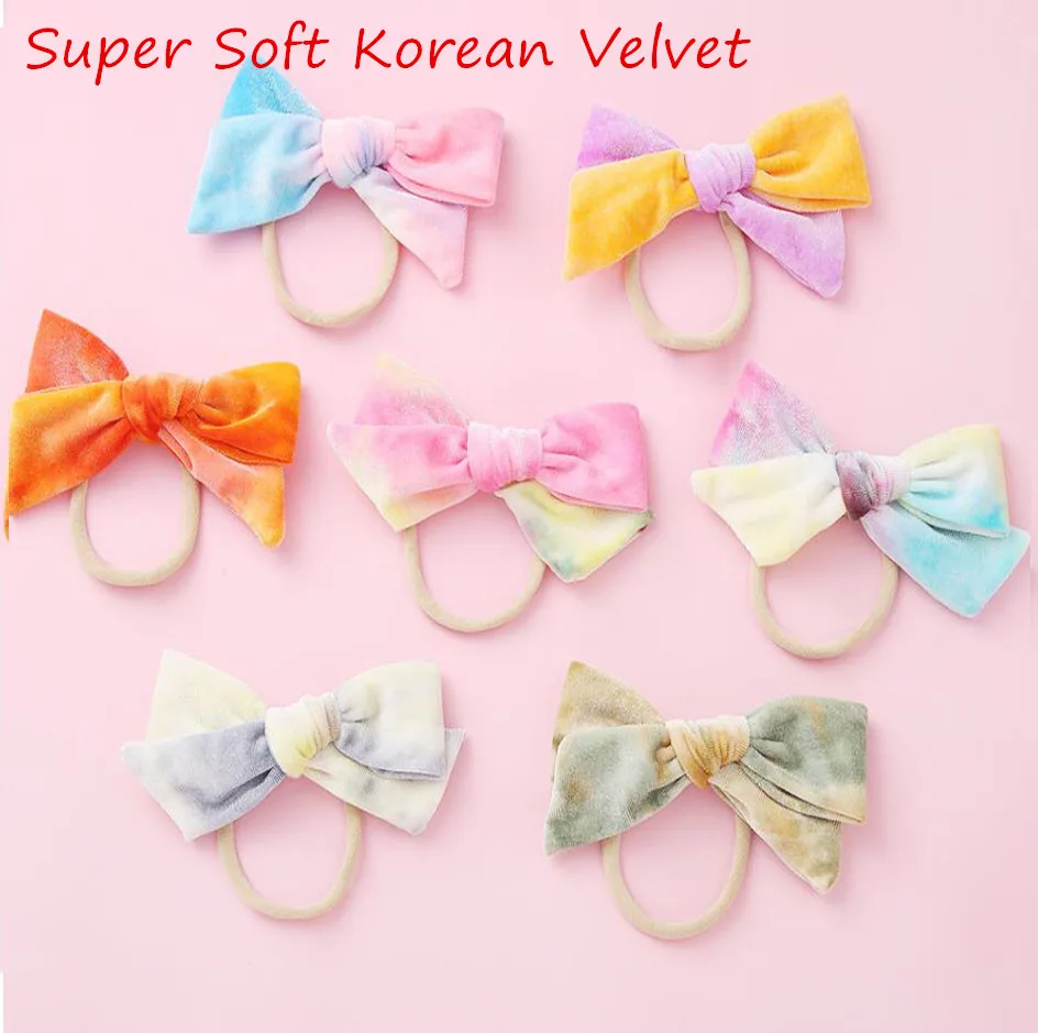 

24Pcs/lot large 5.9"Inch Rainbow Velvet Hair Bow Baby Headbands, Girls Elasticf Nylon Hairband Newborn Infant Hair Accessories