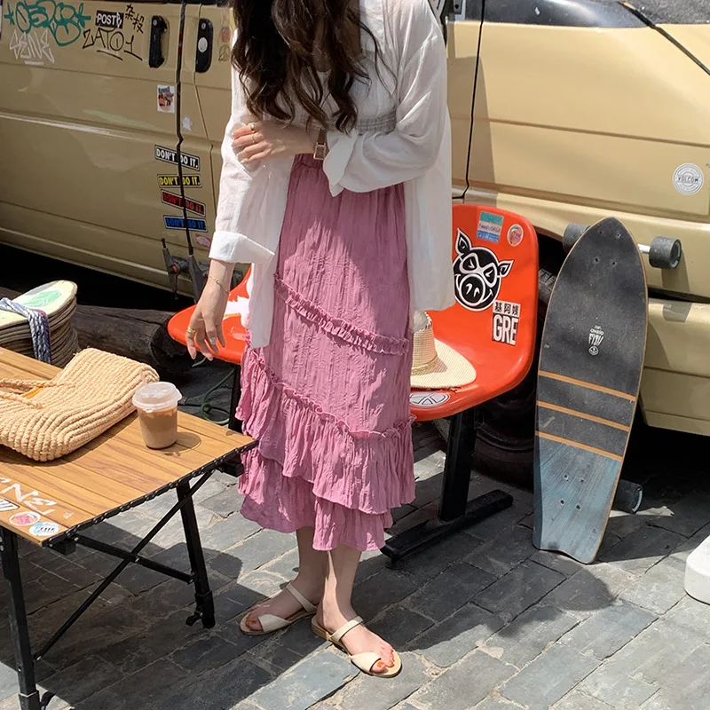 

Women 2021 Summer Loose Casual High Waist Drop A Line Midi Pleated Skirt Elegant Solid Color High Low Ruched Ruffle Long Skirts