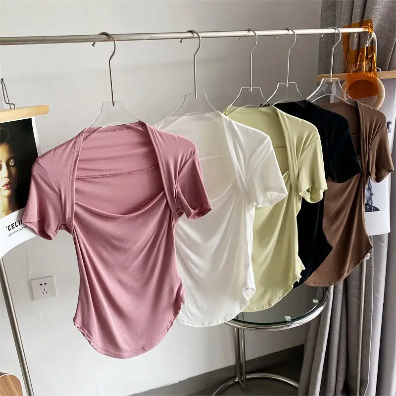 

Candy Color Yoga Top Fitness Exercise Short-Sleeved French Design Sense Exposed Clavicle Square Neck Home T-Shirt Sportswear