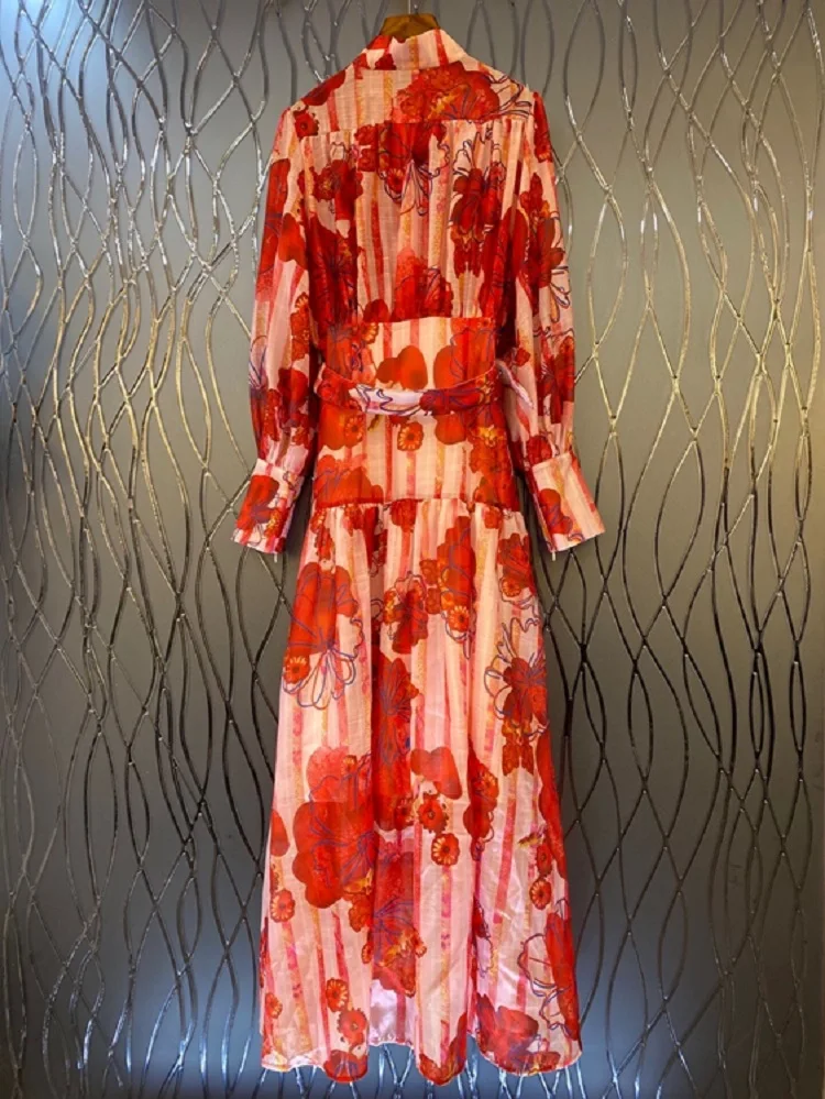 

Beach Long Dress 2021 Spring Summer Style Women O-Neck Red Floral Print Belt Patchwork Long Sleeve Casual Bohemian Maxi Dress