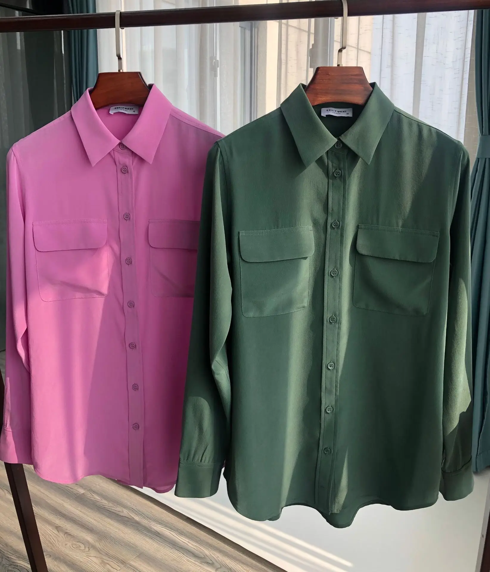 

European and American Casual Style Silky 100% Silk Classic Double Pocket High-end Silk Long-sleeved Shirt Women Shirt