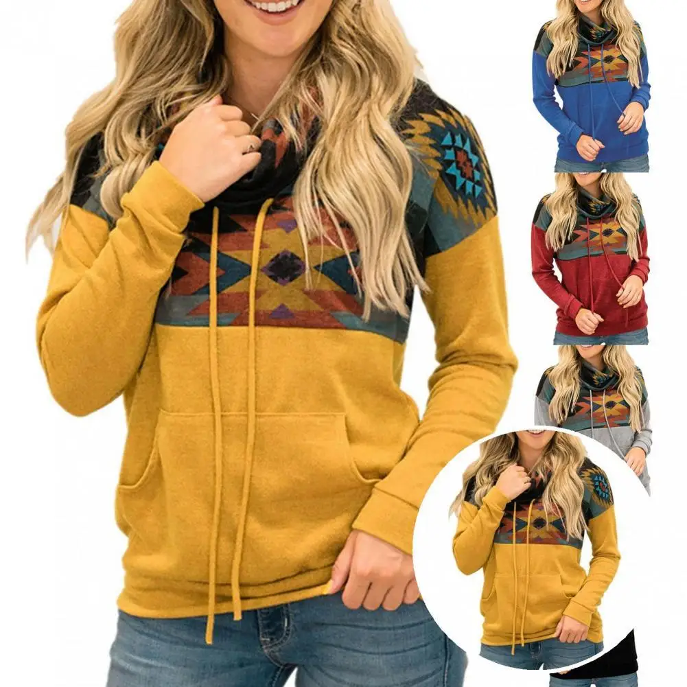 

Drawstring Long Sleeve Patchwork Print Pocket Pullover Hoodie Ladies Clothing