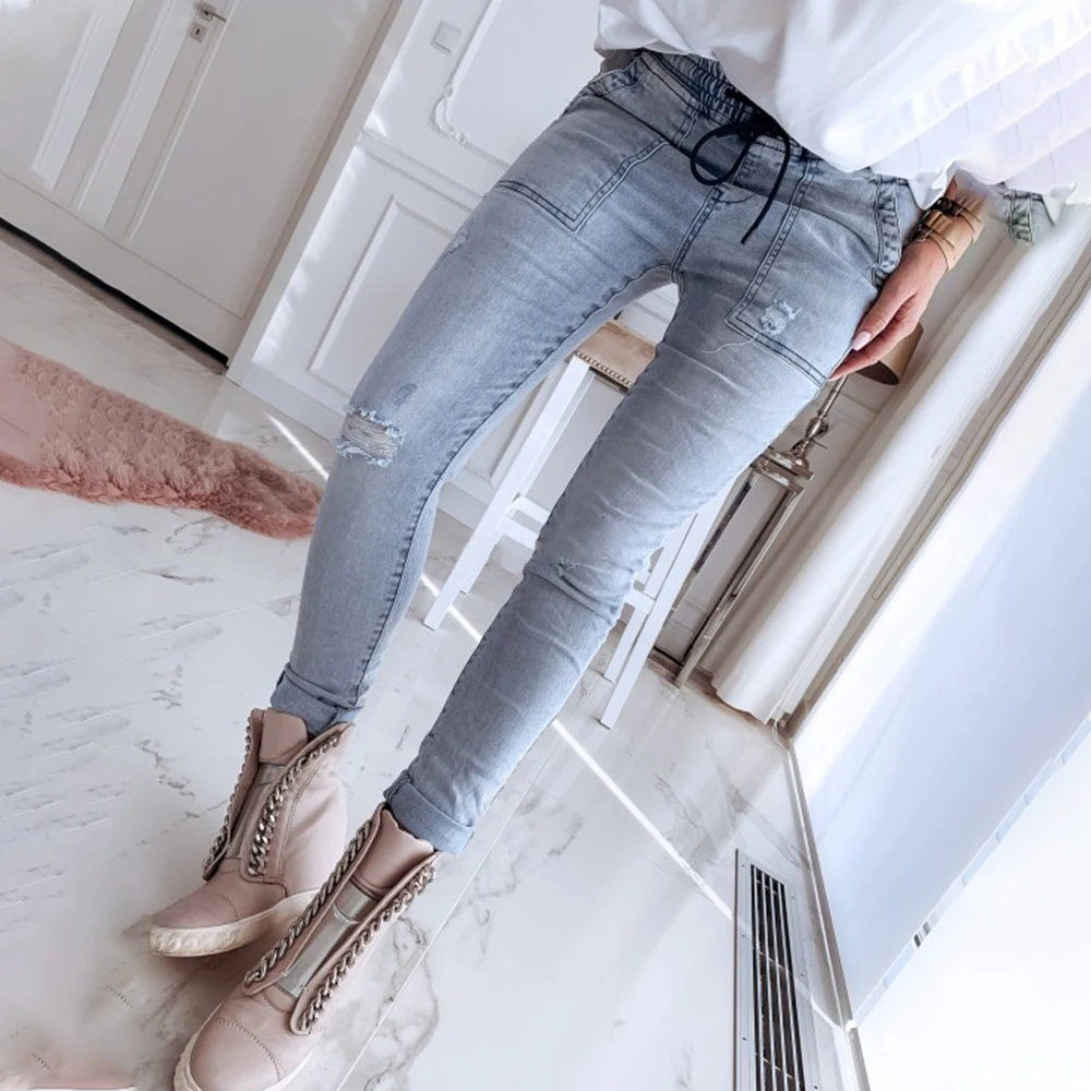 Женские узкие джинсы с низкой талией Синие рваные потертостями повседневные