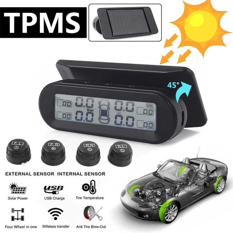 Автомобильный TPMS Солнечный с 4 внешними датчиками Универсальный лобовое стекло черный авто цифровой контроль давления в шинах Система монитор