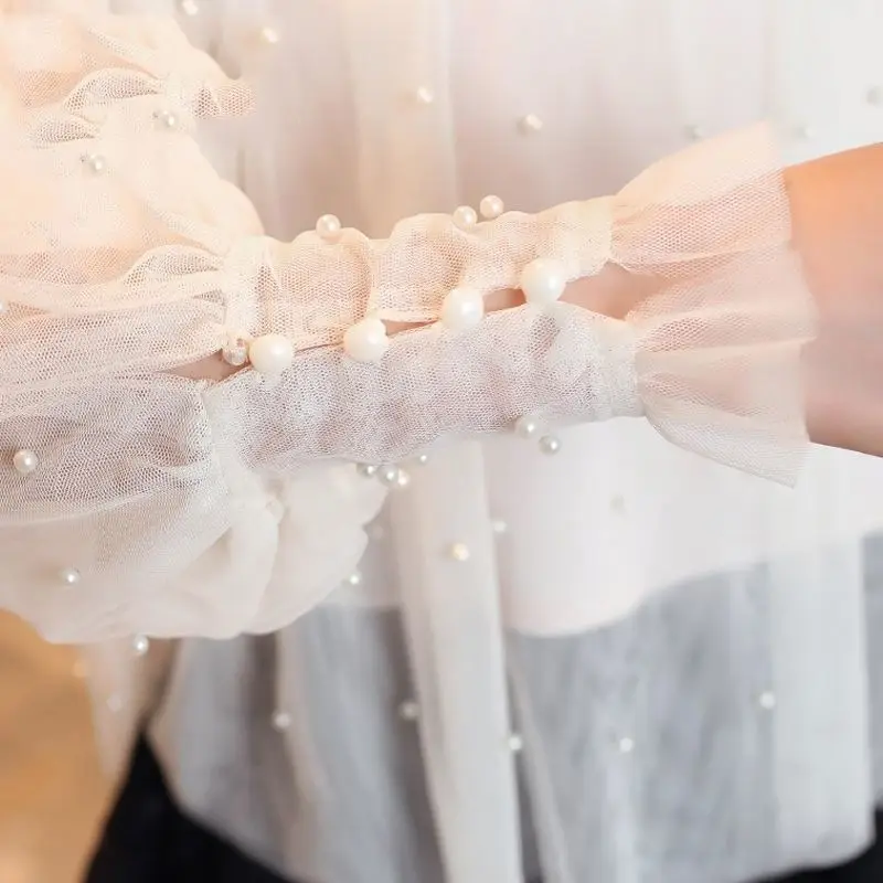 

Spring Beading Mesh Blouses Women Sweet Lantern Sleeve Pearls Gauze Blouses Ladies Elegant T-Shirt Tops Stand Collar Chiffon
