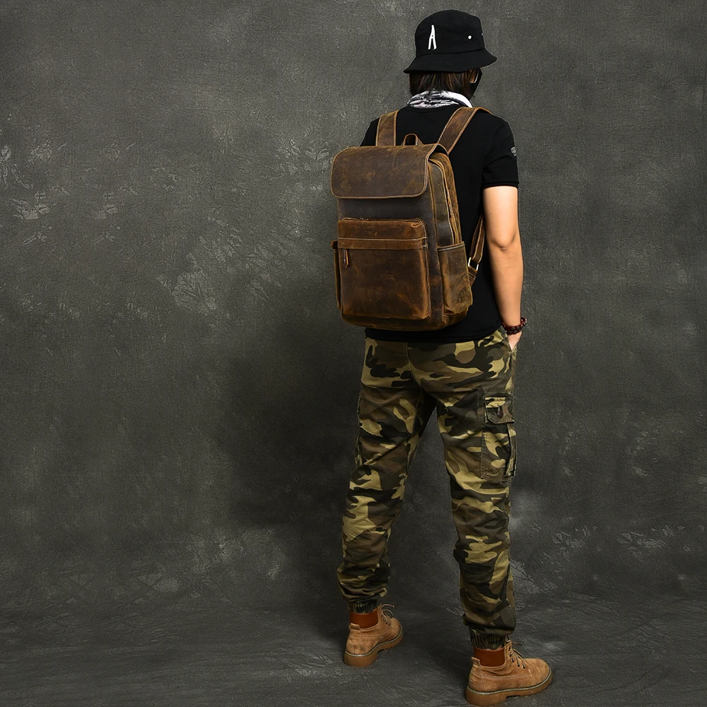 First Layer Leather Men Backpack large capacity 15.6 inch Laptop Bag male Travel Backpacks Retro Crazy Horse school bags | Багаж и сумки
