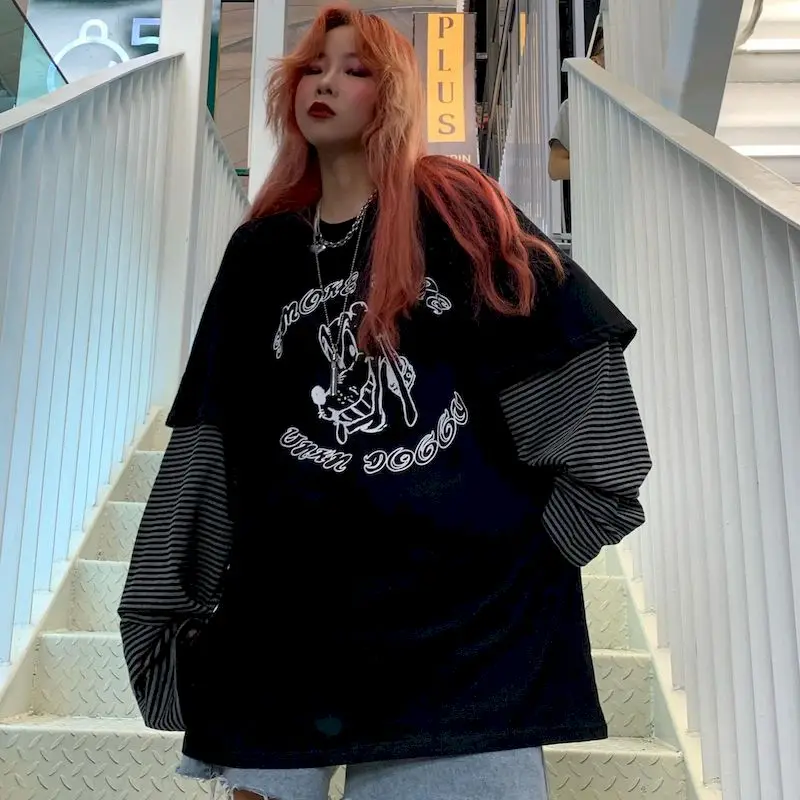 

Футболка женская оверсайз в стиле Харадзюку, ложная Повседневная рубашка в стиле пэчворк, с длинным рукавом, в готическом стиле, уличная оде...