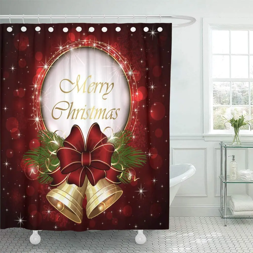 

Занавеска для душа, красные золотые рождественские колокольчики, бант и снежинки, зеленая Рождественская занавеска для дома, ванной комнат...
