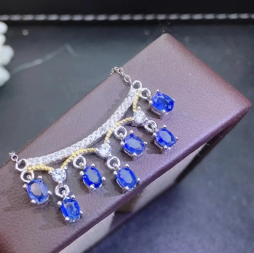 

Luxurious Tassels dance Natural blue sapphire stone Necklace Natural Gemstone Pendant Necklace 925 sliver women party Jewelry