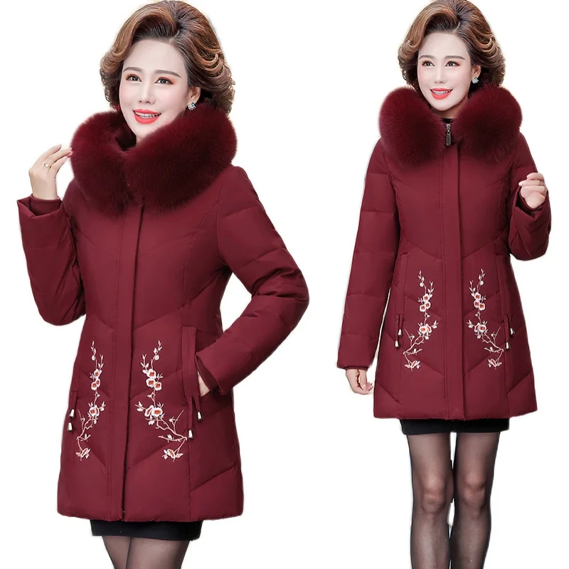 

Parka Women Winter Jacket Coat New Middle-aged Cotton Padded Coat Mid Long Fur Collar Hooded Outerwear Thick Warm Plus Size 5XL