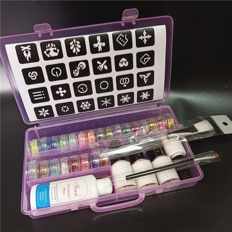 24 Colors Kit Временные алмазные блестящие татуировки, 24 цвета, порошок, 4 клея, трафарет, полый шаблон для поддельной татуировки, красота, тело, живопись, искусство - Цвет: 24 Colors Kit