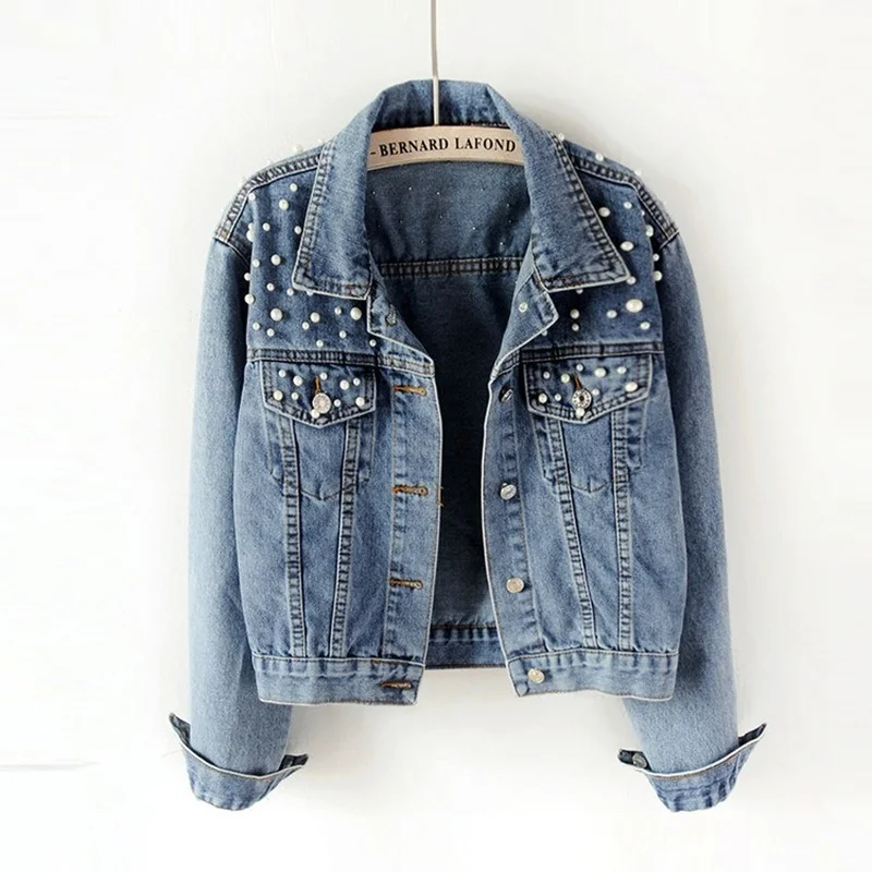2021 New  Fashion Women's Pearls Loose Casual Denim Jacket Full Sleeve Fall Button Coats Size S-5XL