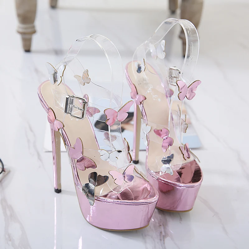 

Women's Purple Butterfly Stage Sandals Peep Toe Slingback 17cm Super High Heels Shoes