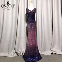 fade purple evening dresses mermaid long prom gown glitter beading straps party dress grape sequined v neck women formal dress