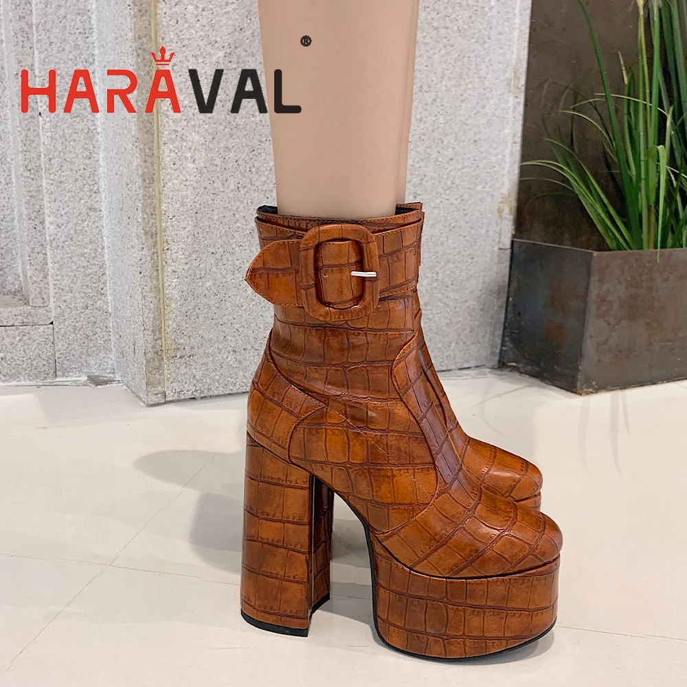 

HARAVAL Women Boots Shoes High Heels Round Toe ELEGANT Thick Bottom Waterproof Platform Black Brown Shoes Women E394L