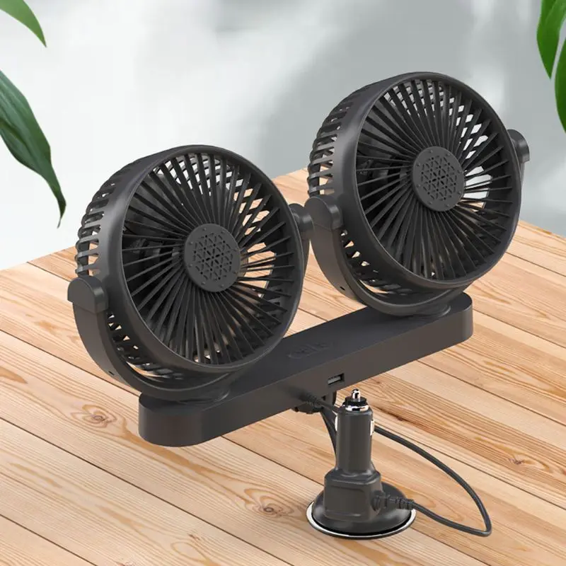 

12V 24V Suction Cup Electric Car Fan 3 Speed Dual Head Car Windshield Dashboard Auto Cooling Air Fan With USB Charger
