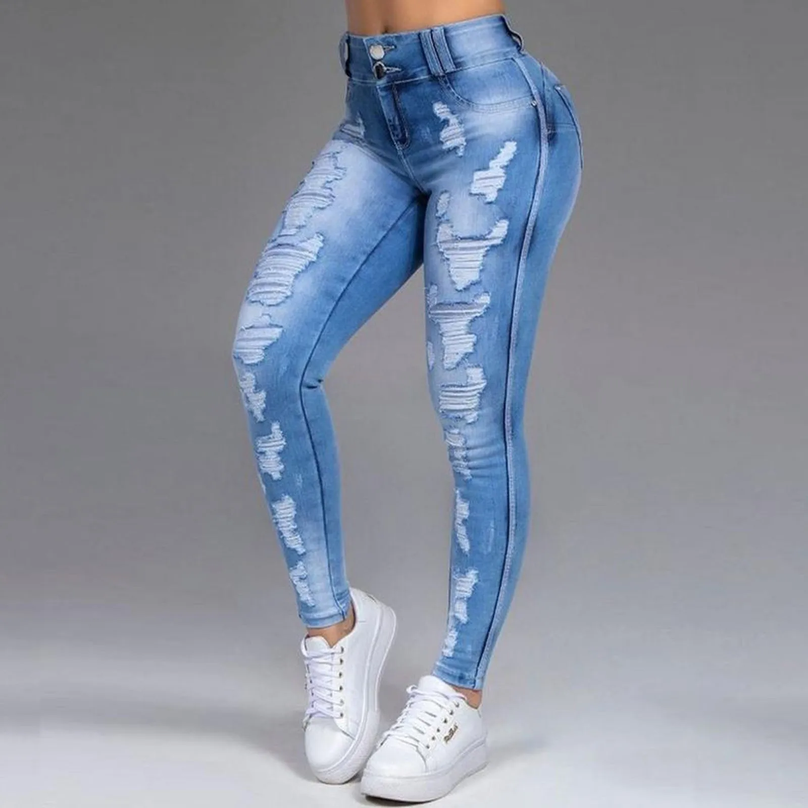 

High Waist Skinny Ripped Jeans Women 2021 Fashion Trousers Washed Denim Jeans Hollow Hole Bleached Pencil Pants Plus Size