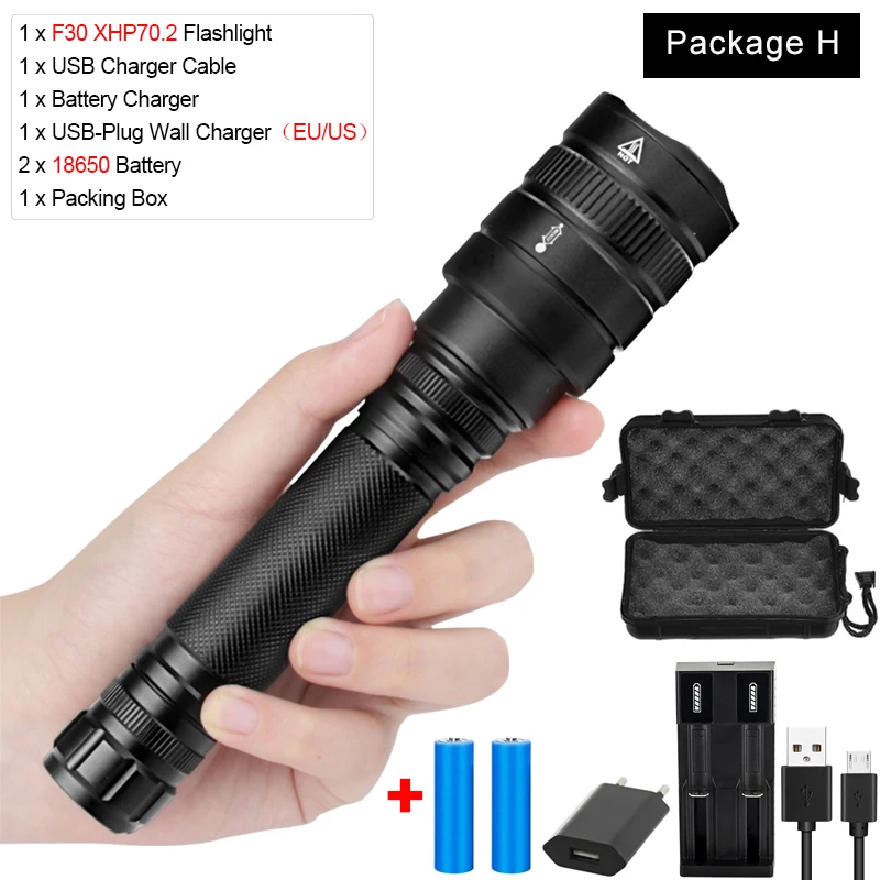 Package H Яркий светодиодный фонарь XHP70.2, мощный фонарь, перезаряжаемый через USB, светодиодный фонарь XHP70 XHP50, фонарик с зумом, аккумулятор 18650 - Испускаемый цвет: Package H