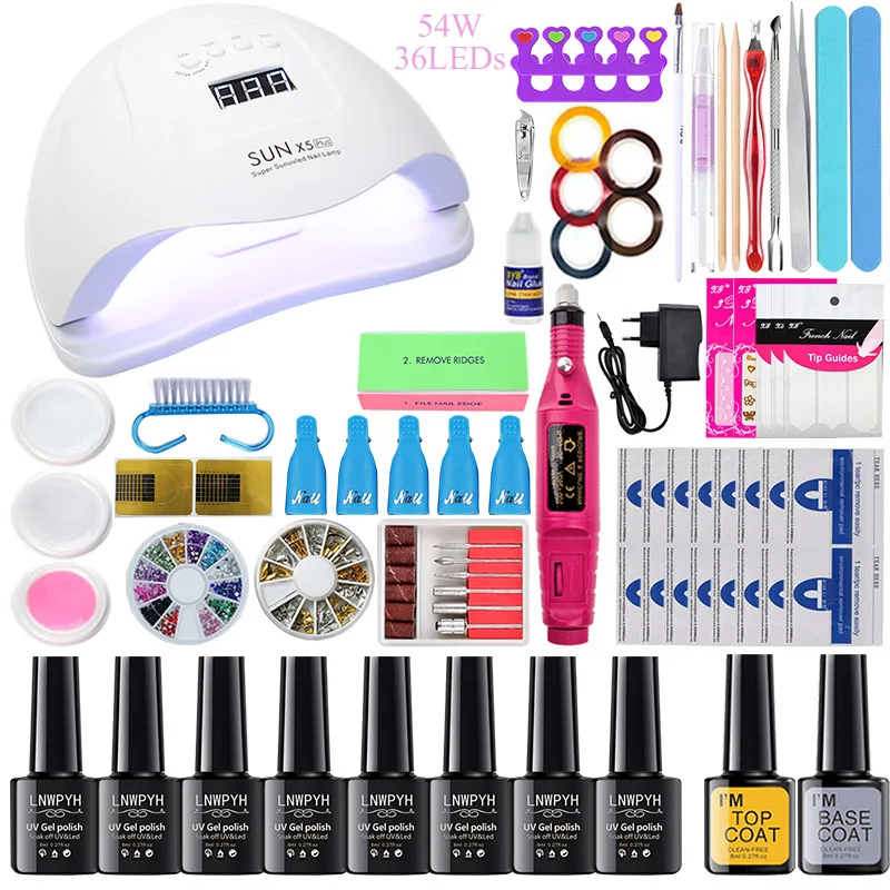 54W choose 8 color 80 Вт УФ лампа для ногтей, набор для маникюра Комплект 18/12/8 расцветок гель Лаки комплект Фрезер для ногтей, сверлильный станок комплект пилочка для ногтей инструмент набор для наращивания ногтей - Цвет: 54W choose 8 color
