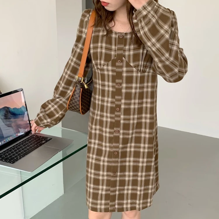 

Pioni Korean Chic Spring French Style Retro Square Collar Small Plaid Single-Breasted Loose Long Sleeve Dress for Women