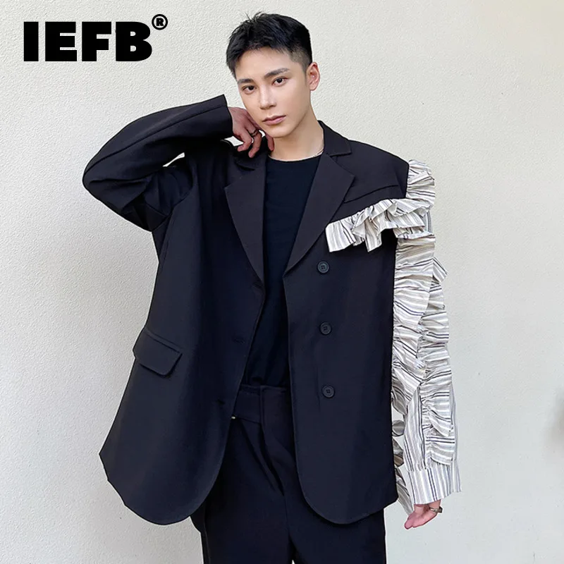

IEFB Niche Design Asymmetric Ruffles Patch Long Sleeve Suit Coat 2021 New Fashion Black Single Breasted Casual Blazer 9Y9640