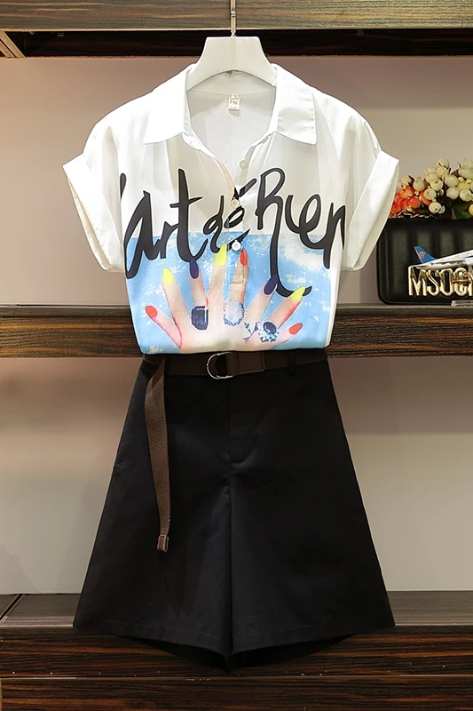 

Summer Plus Size Women Shorts Suits Fashion Short Sleeve Print Shirt Top and High Waist Wide Leg Shorts Suits + Sashes
