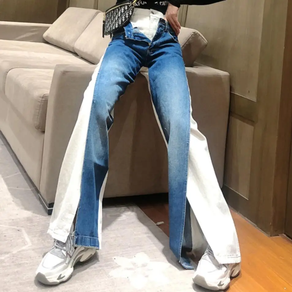 Женские расклешенные джинсы 2020 новые модные контрастных цветов с широкими