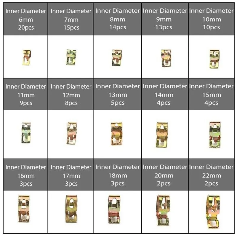 Комплект зажимов из пружинных стяжек для силиконовых топливных вакуумных шлангов и трубок, цинковое покрытие, 115 штук, диаметр зажимов 6-22 мм.