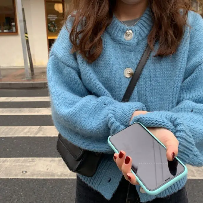 

Women 2021 Autumn Winter Fashion Loose Sweater Coats Female Solid Color O-Neck Jackets Ladies Knitted Cardigan Outwears Q484