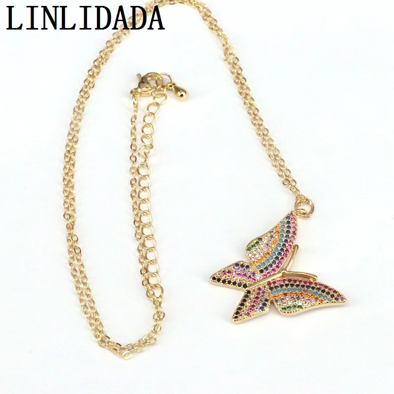 

5Pcs Fashion Rainbow CZ Butterfly Necklace for Women Gold Color Chain Pendants Necklaces Party Statement Jewelry